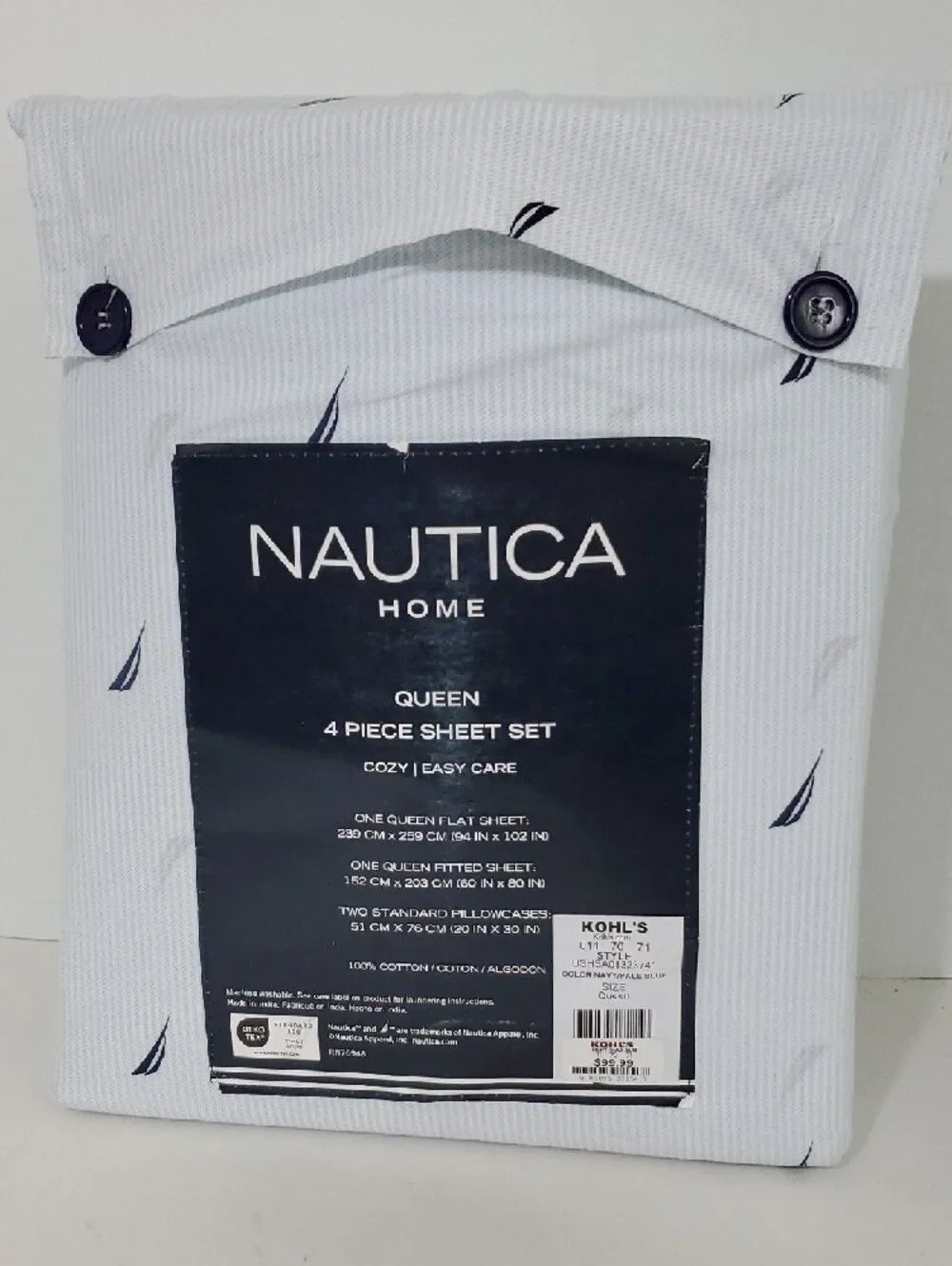 Nautica Queen White Pale Blue Sheet Set with Navy Sail Motif NWT